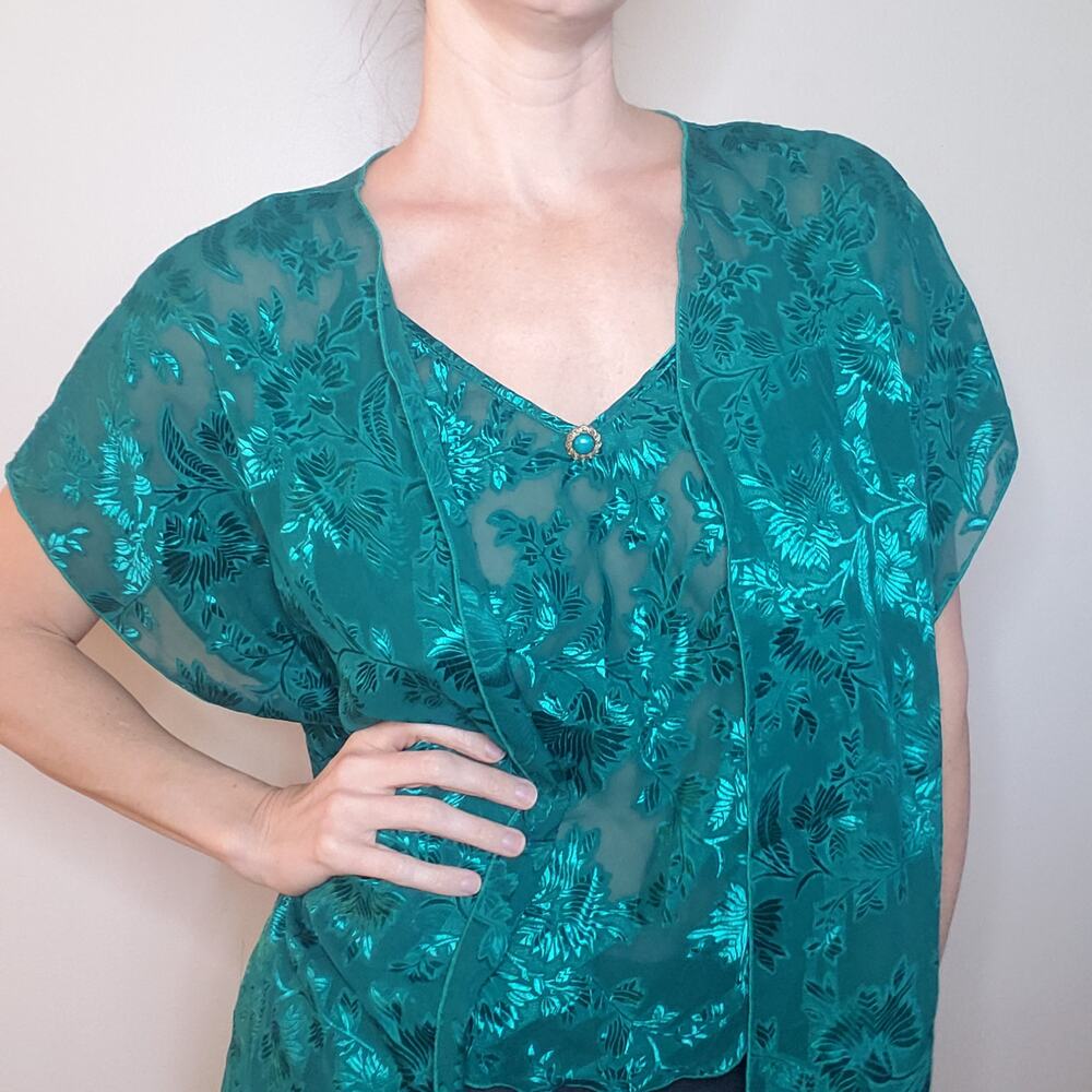 Vintage Colesce Collection Lingerie Emerald Camisole & Short Sleeve Robe Set Med